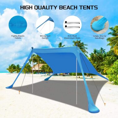 Custom Logo Beach Tent with Windproof Canopy and Sandbags for Family Travel