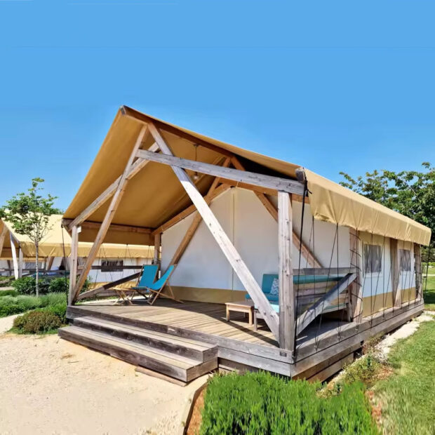 Luxury Eco-Friendly Glamping Tent with Glass Entrance – Wooden Safari Lodge for Resorts